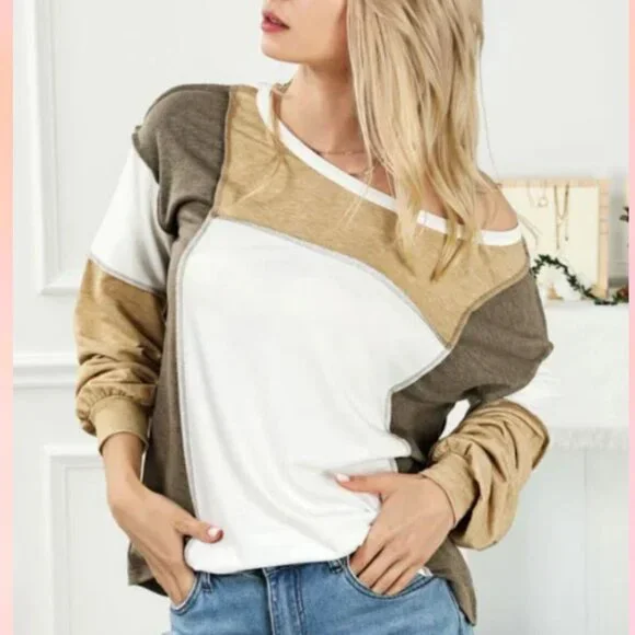 Military Green/Nude Exposed Seam Color Block Patchwork Top - Picture 2 of 5